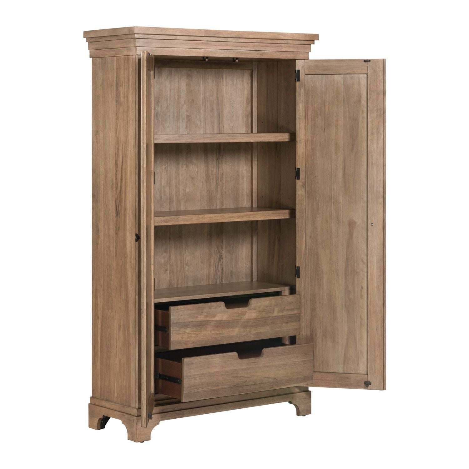 Armoire beige, caractéristiques du produit : quincaillerie bouton en laiton, glissières latérales métalliques (45 mm), façade cannelée
