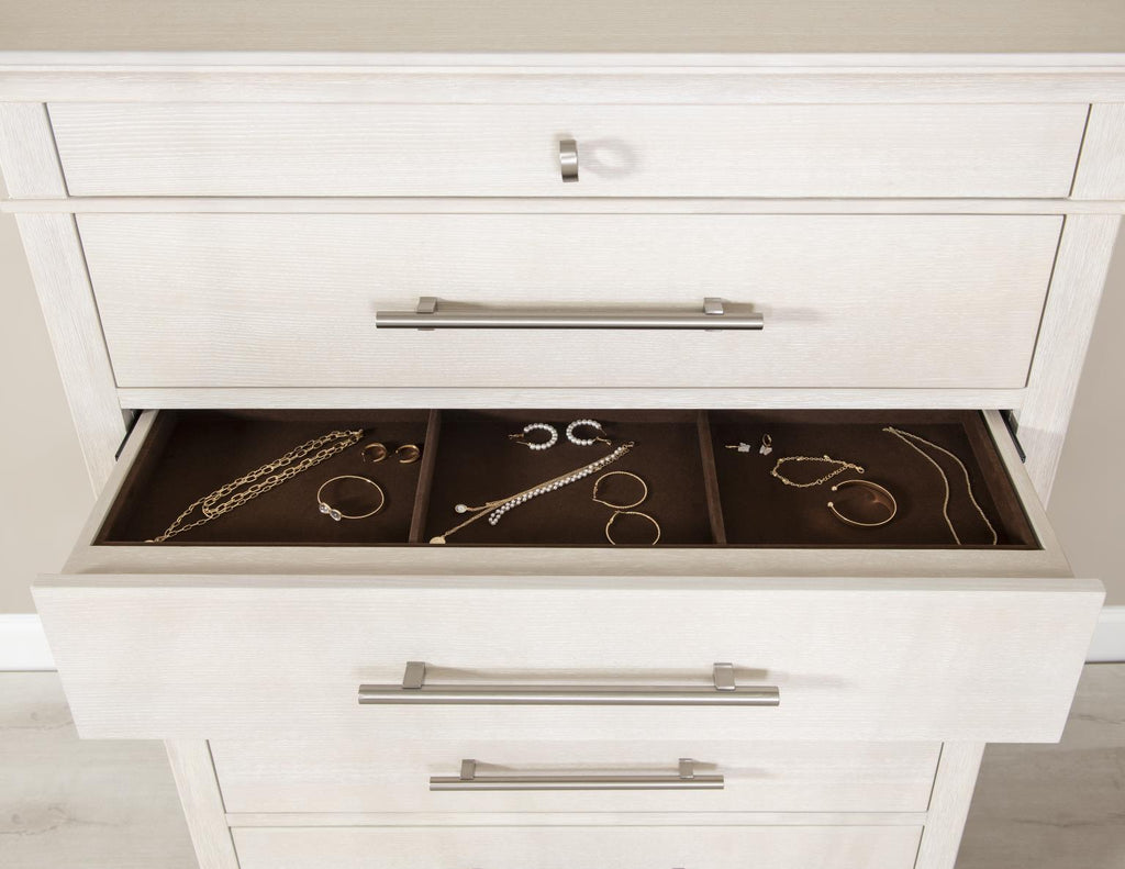 Chest crafted of Ash veneer and Select Hardwood Solids, the fresh finish delivers a