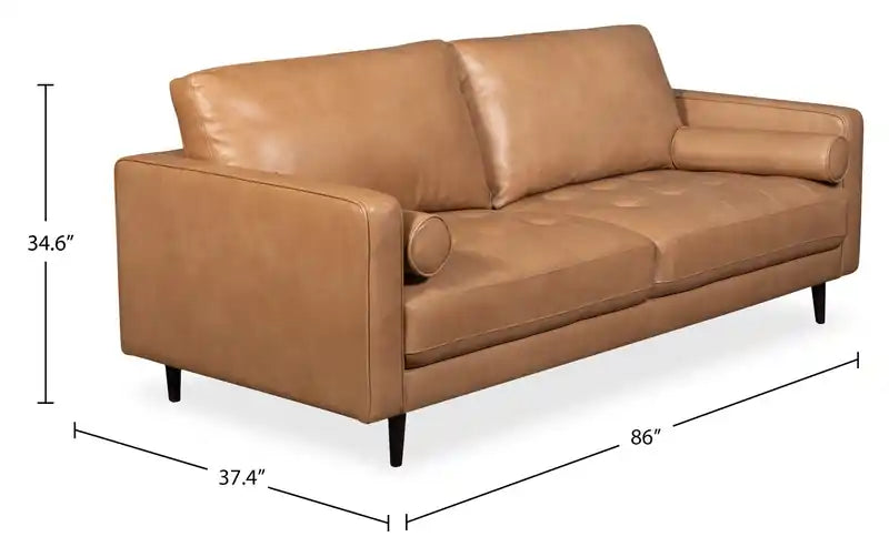 Edge 86 Genuine Leather Sofa with Wood Legs and Removable Back Cushions