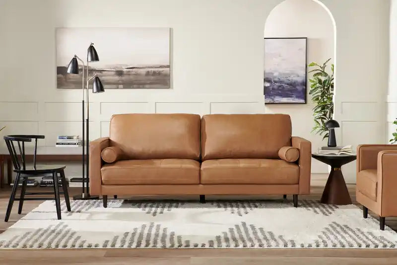 Edge 86 Genuine Leather Sofa with Wood Legs and Removable Back Cushions