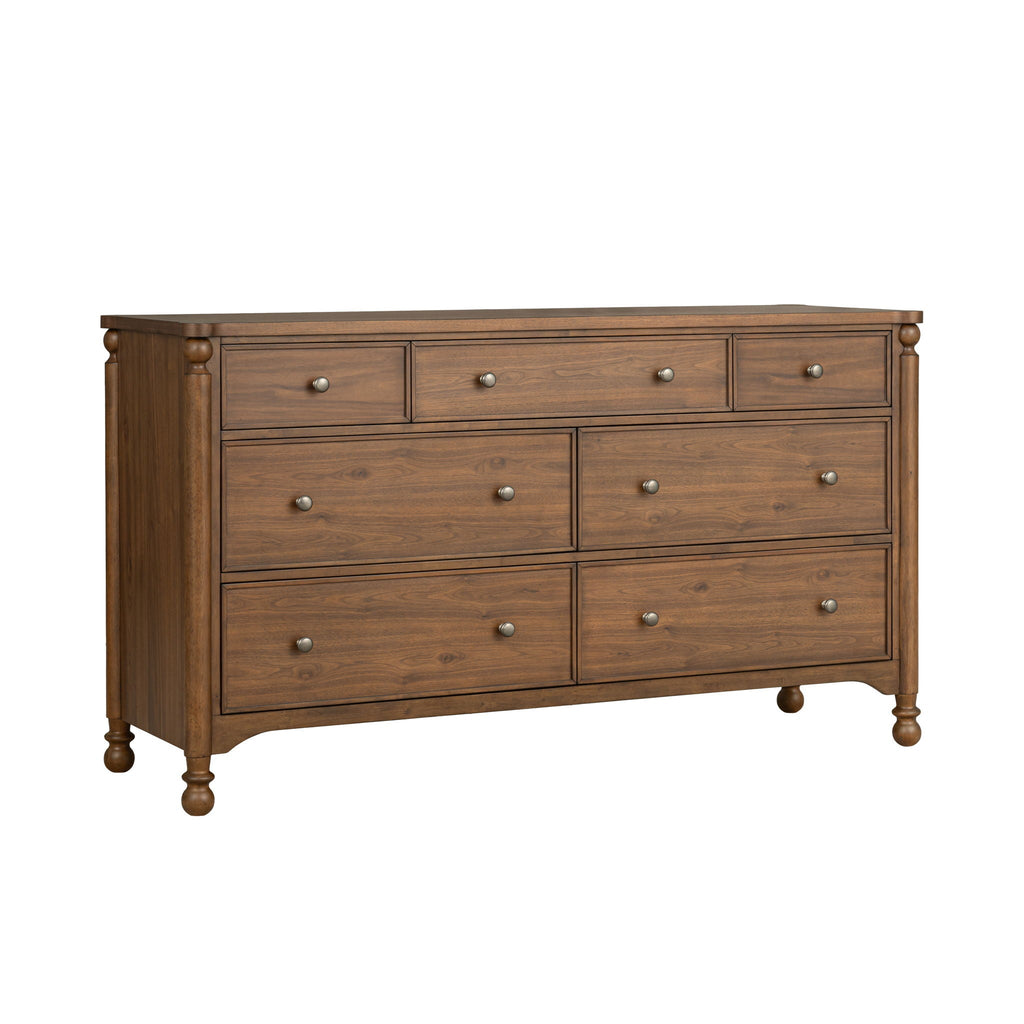 Commode en noyer - Caractéristiques du produit : style néo-traditionnel avec pieds tournés et détails de pinacle.