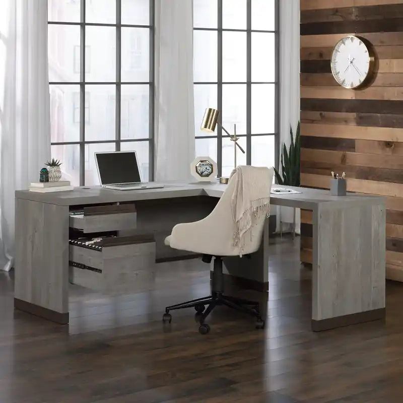 Manhattan Gate 65.98 Commercial Grade L-Shaped Office Desk with 2-Drawers - Mystic Oak