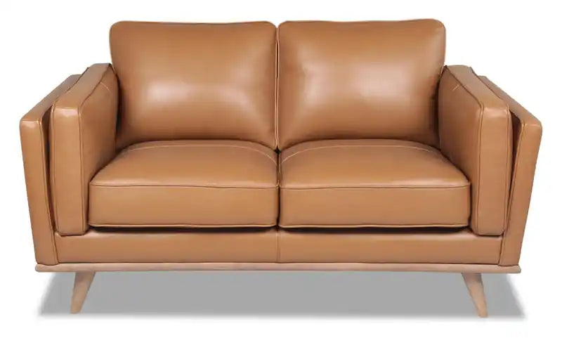 Vivia 63 Genuine Leather Loveseat with Removable Seat Cushions and Wood Base - Caramel Brown
