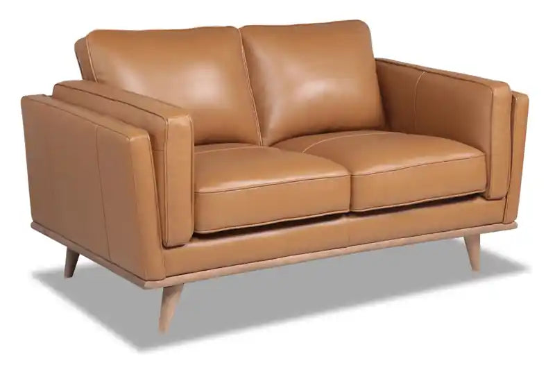 Vivia 63 Genuine Leather Loveseat with Removable Seat Cushions and Wood Base - Caramel Brown