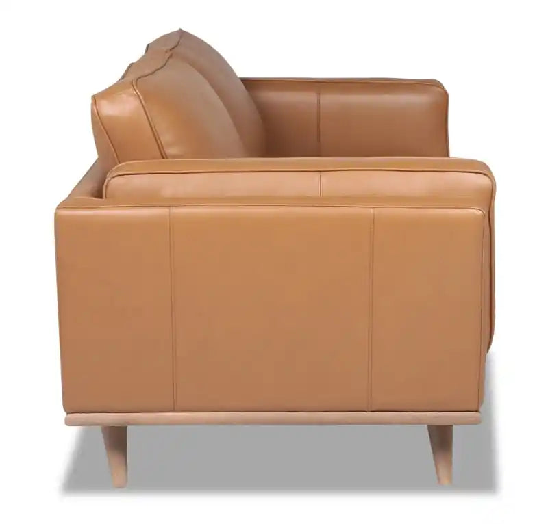 Vivia 63 Genuine Leather Loveseat with Removable Seat Cushions and Wood Base - Caramel Brown