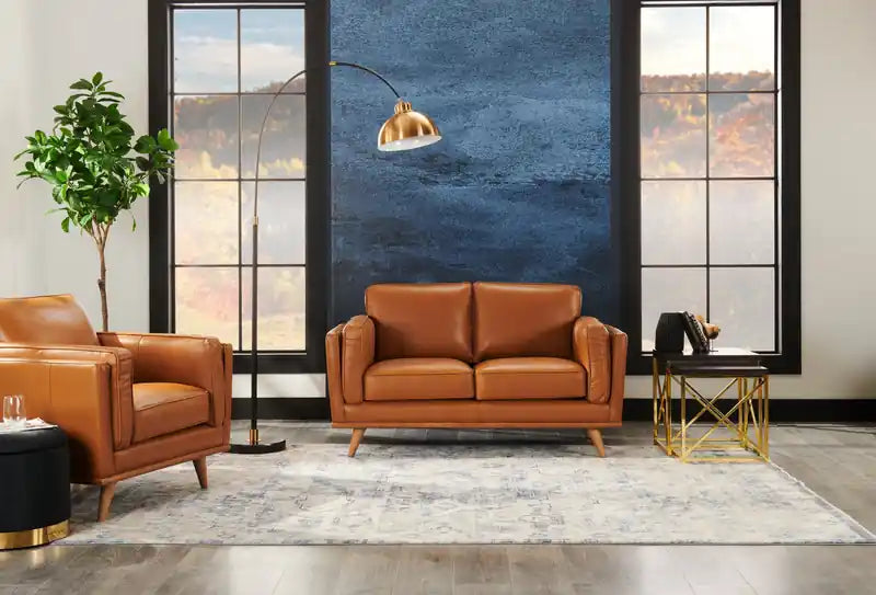 Vivia 63 Genuine Leather Loveseat with Removable Seat Cushions and Wood Base - Caramel Brown