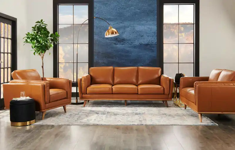 Vivia 63 Genuine Leather Loveseat with Removable Seat Cushions and Wood Base - Caramel Brown