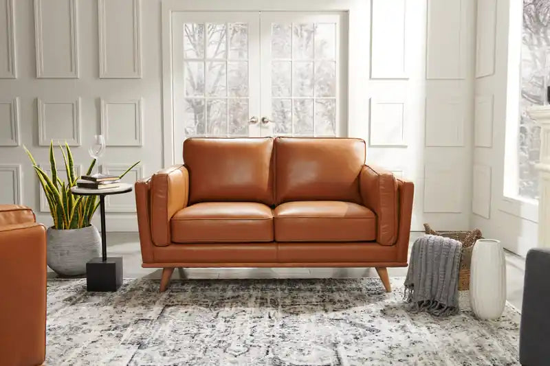 Vivia 63 Genuine Leather Loveseat with Removable Seat Cushions and Wood Base - Caramel Brown