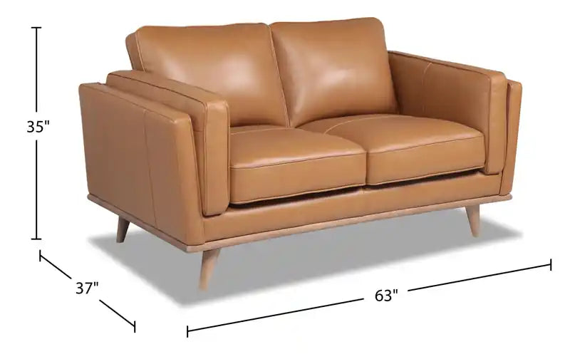 Vivia 63 Genuine Leather Loveseat with Removable Seat Cushions and Wood Base - Caramel Brown