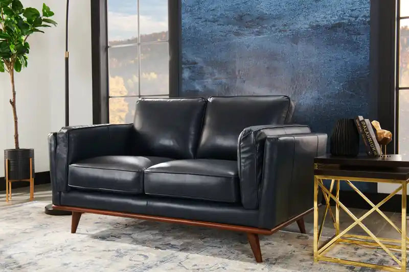 Vivia 63 Genuine Leather Loveseat with Removable Seat Cushions and Wood Base - Caramel Brown