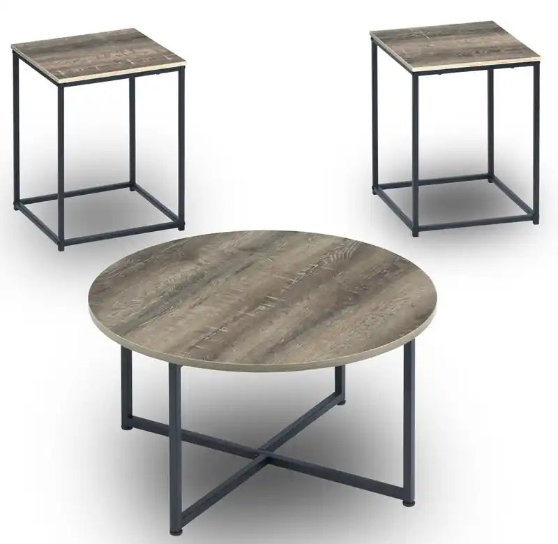 Wadeworth 31.5 Rustic 3-Pack Coffee + 2 End Tables - Taupe with Metal Legs