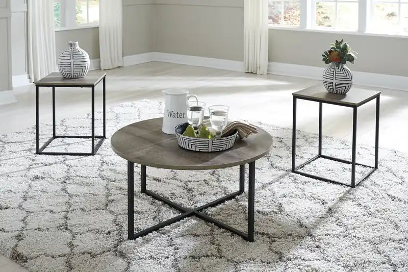 Wadeworth 31.5 Rustic 3-Pack Coffee + 2 End Tables - Taupe with Metal Legs