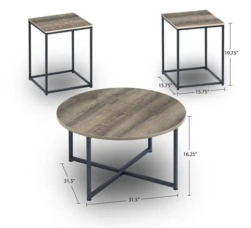 Wadeworth 31.5 Rustic 3-Pack Coffee + 2 End Tables - Taupe with Metal Legs