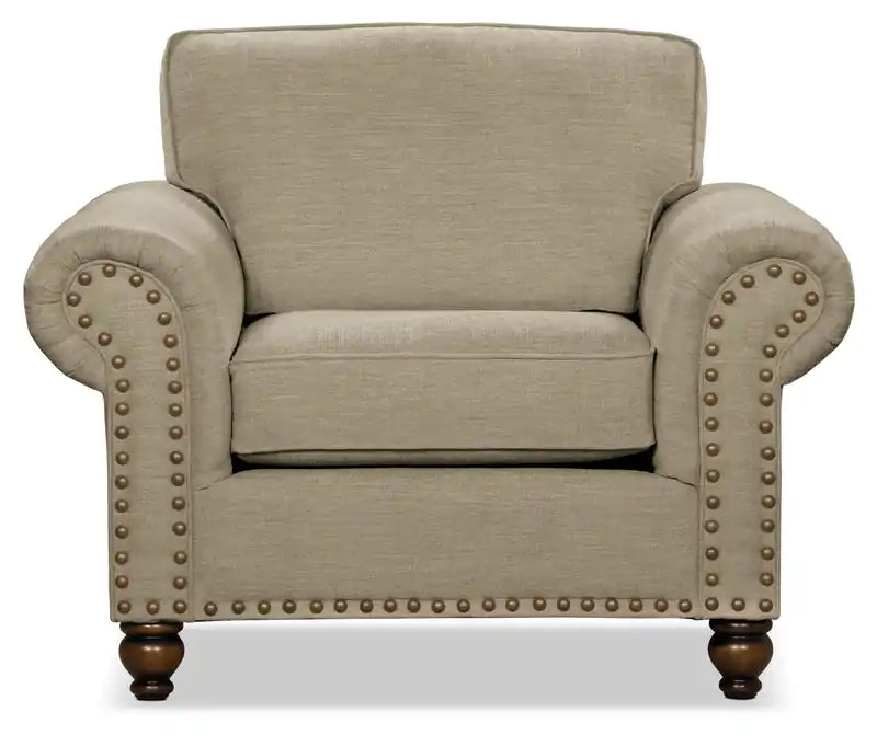 Made in Canada Wynn 47 Chenille Fabric Chair with Nailhead Trim and Wood Bun Legs