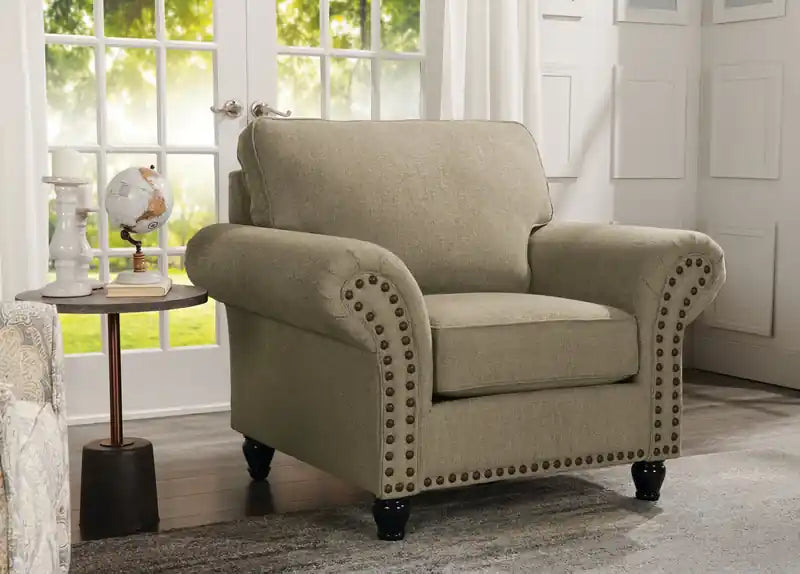 Made in Canada Wynn 47 Chenille Fabric Chair with Nailhead Trim and Wood Bun Legs