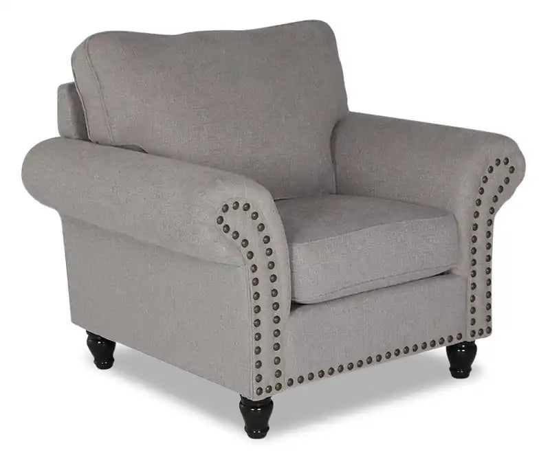 Made in Canada Wynn 47 Chenille Fabric Chair with Nailhead Trim and Wood Bun Legs