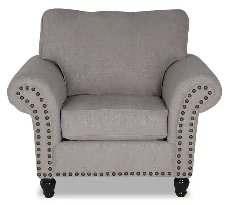 Made in Canada Wynn 47 Chenille Fabric Chair with Nailhead Trim and Wood Bun Legs