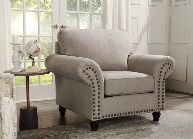 Made in Canada Wynn 47 Chenille Fabric Chair with Nailhead Trim and Wood Bun Legs