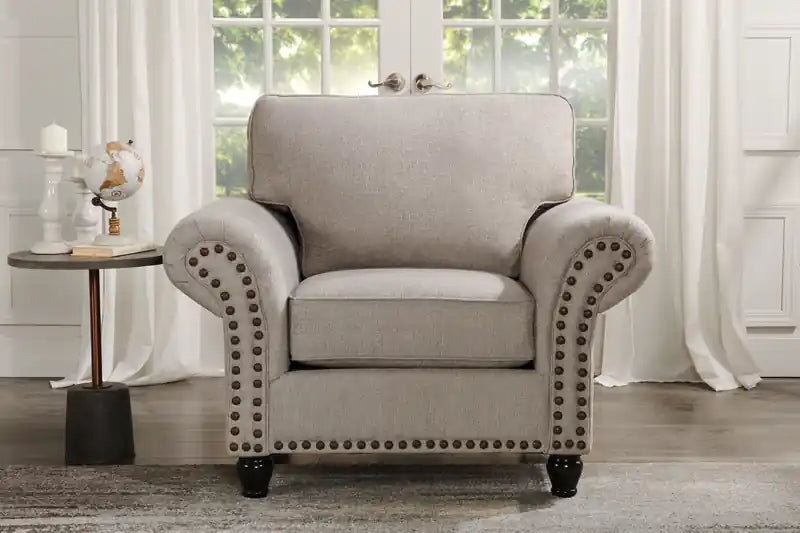 Made in Canada Wynn 47 Chenille Fabric Chair with Nailhead Trim and Wood Bun Legs