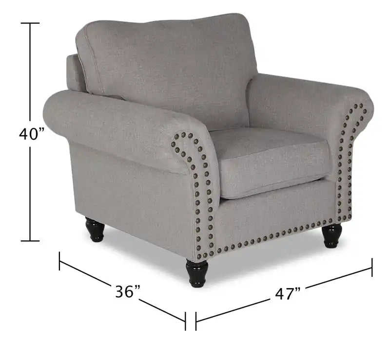 Made in Canada Wynn 47 Chenille Fabric Chair with Nailhead Trim and Wood Bun Legs