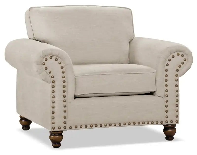 Made in Canada Wynn 47 Chenille Fabric Chair with Nailhead Trim and Wood Bun Legs