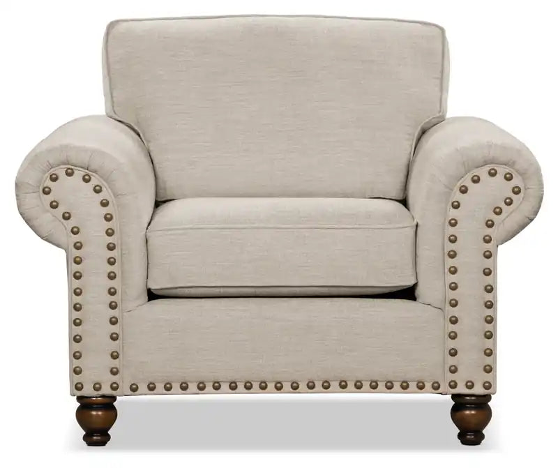 Made in Canada Wynn 47 Chenille Fabric Chair with Nailhead Trim and Wood Bun Legs
