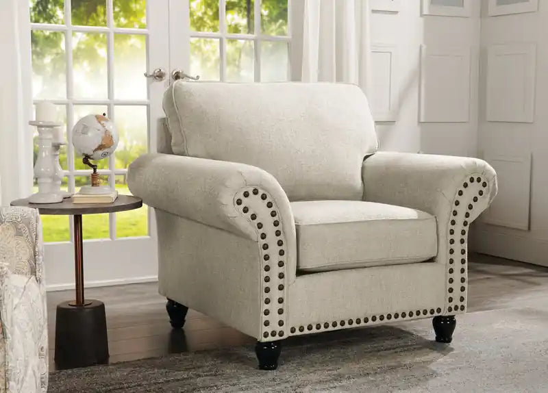 Made in Canada Wynn 47 Chenille Fabric Chair with Nailhead Trim and Wood Bun Legs