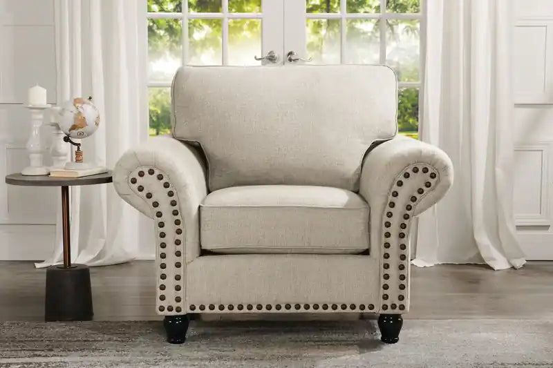 Made in Canada Wynn 47 Chenille Fabric Chair with Nailhead Trim and Wood Bun Legs